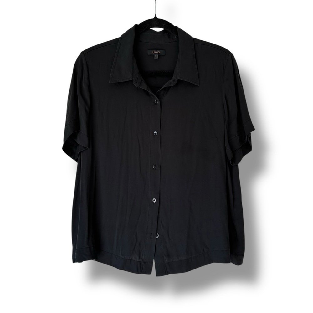 Quince Black Washable Stretch Silk Short Sleeve Button Up Collared Blouse L